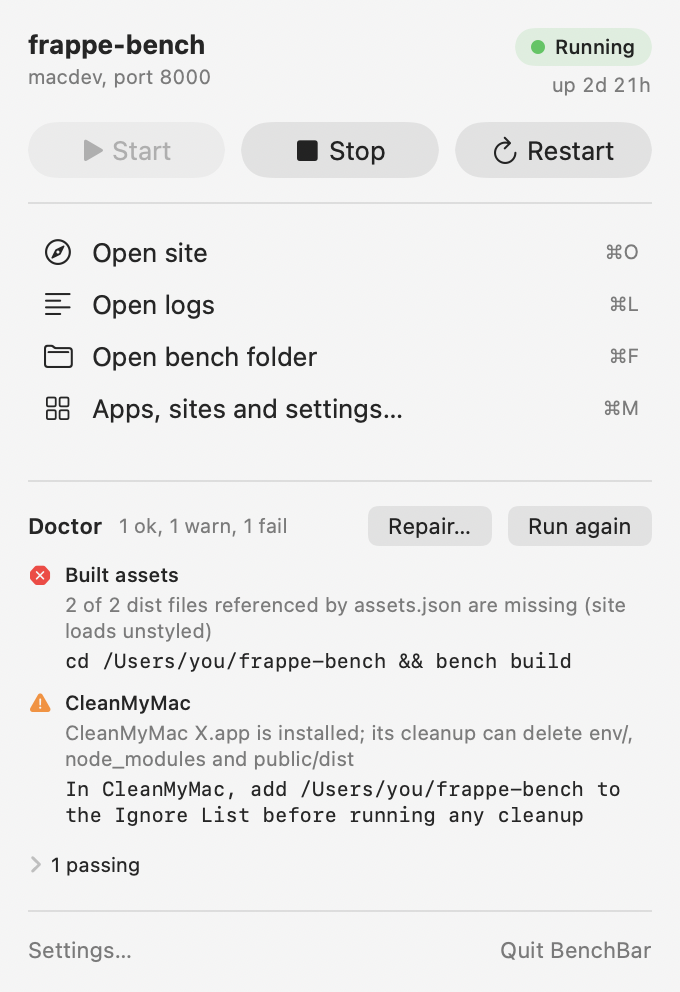 The BenchBar popover: a running bench with Start, Stop and Restart, shortcuts, and doctor results with a fix for each problem.